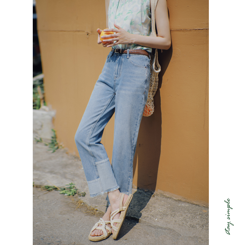 中蓝色高腰脚口拼色牛仔直筒裤