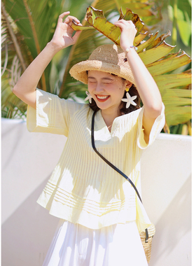 花吉C153柠檬黄V领刺绣风琴褶短袖纯棉娃娃衫女2026新款春衬衫