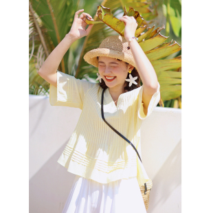春衬衫 女2026新款 纯棉娃娃衫 花吉C153柠檬黄V领刺绣风琴褶短袖