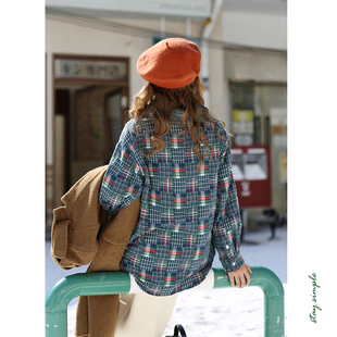 花吉B648蓝绿色圣诞结纯棉磨毛格子复古衬衫 秋冬衬衣 女2026新款