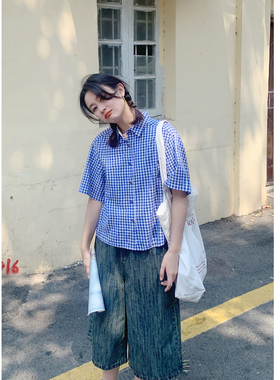 【花吉0423】C185“海风”日系清爽蓝白格纹衬衫