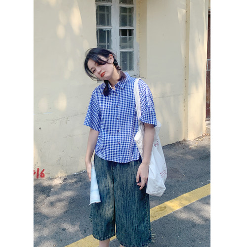 花吉蓝白格子宽松短袖条纹衬衫