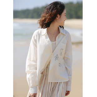 女2026新款 春衬衣 衬衫 花吉C176米杏色水洗纯棉宽松贝壳刺绣长袖