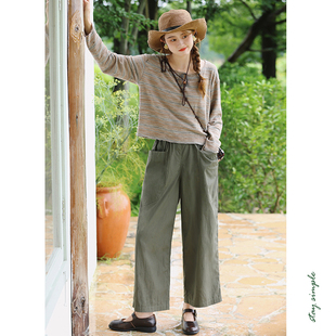 秋宽松直筒裤 花吉K356军绿色轻薄松紧腰大口袋休闲裤 女2025新款