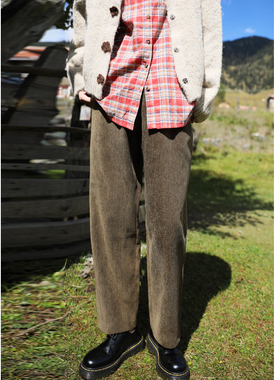 花吉K388橄榄绿松紧腰斜纹绒感休闲裤女2025新款秋冬宽松直筒裤