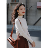 女2025新款 花吉B324浅米色半高领长袖 保暖紧身打底衫 秋冬T恤上衣