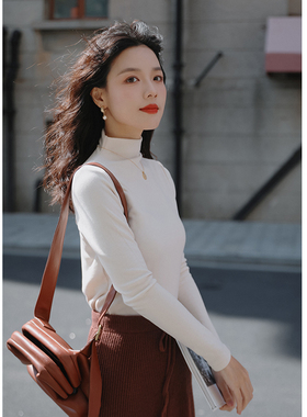 花吉B324浅米色半高领长袖保暖紧身打底衫女2025新款秋冬T恤上衣