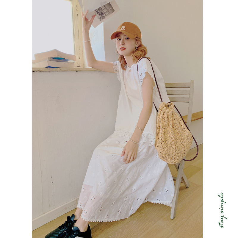 花吉白色百搭少女镂空绣花半身裙