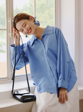 花吉B859蔚蓝色宽松长袖学院风翻领衬衫女2026年新款早秋纯色衬衣