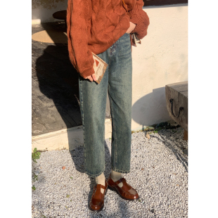 秋冬直筒牛仔裤 花吉K190深蓝色高腰水洗复古牛仔直筒裤 女2026新款