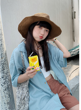 花吉B751蓝色松弛感宽松短袖衬衫女2025新款夏复古气质古巴领衬衣