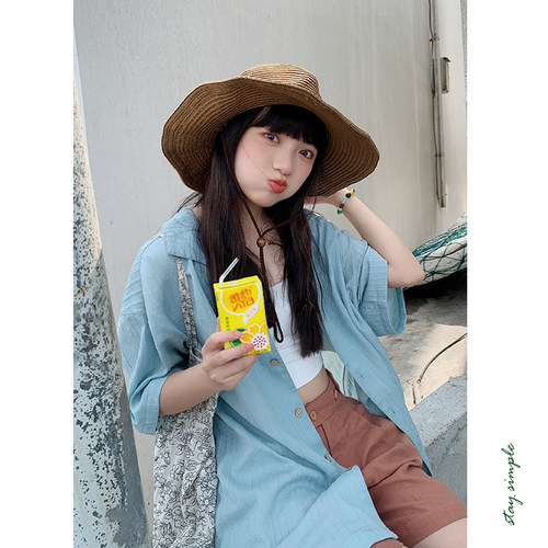 花吉B751蓝色松弛感宽松短袖衬衫女2026新款夏复古气质古巴领衬衣
