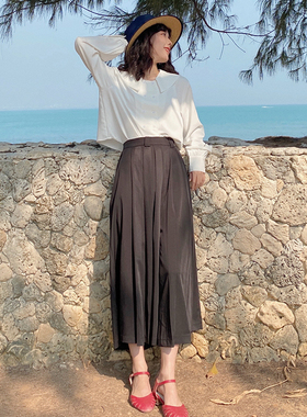 花吉Q195藏肉棕色光泽感高腰垂感百褶阔腿裙裤女春秋阔腿裤休闲裤