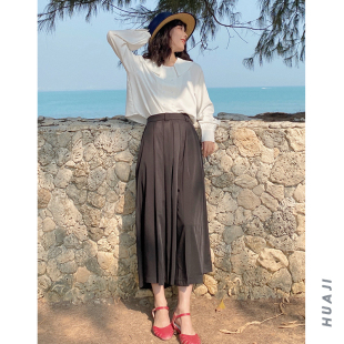 休闲裤 花吉Q195藏肉棕色光泽感高腰垂感百褶阔腿裙裤 女春秋阔腿裤