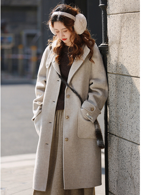 花吉B914米杏羊毛连帽中长款毛呢外套女2025新款冬宽松双面呢大衣