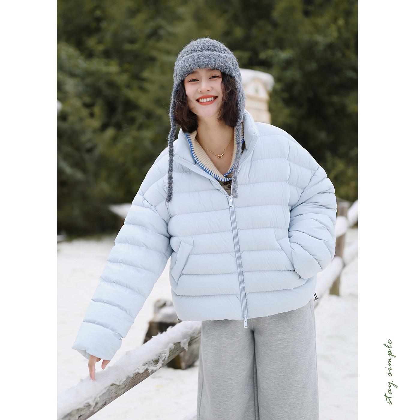 花吉蓝色立领90白鸭绒排骨羽绒服