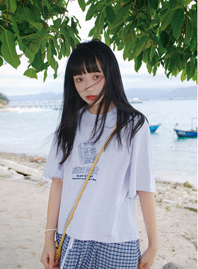 花吉B714米灰色圆领短袖宽松印花T恤女2025新款夏纯棉全棉上衣