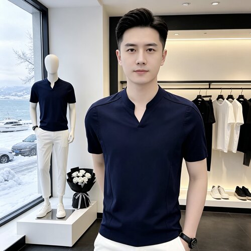 1130商务高档夏季男士时尚简约V领短袖T恤潮流透气半袖