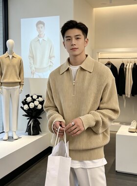 1283帅气POLO领毛衣加厚宽松拉链针织衫秋冬慵懒日系复古潮牌外套