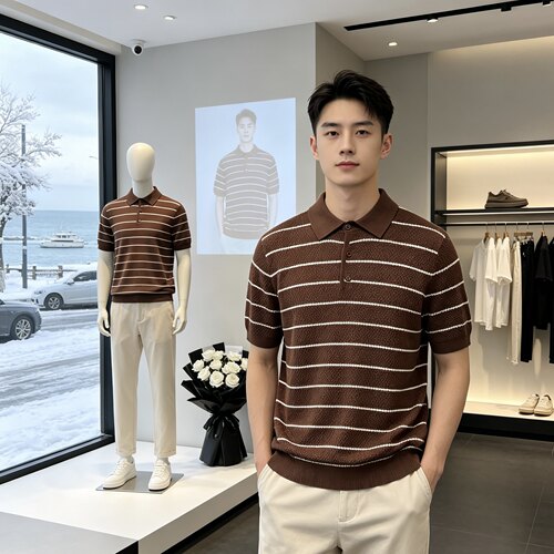1550针织条纹亨利领短袖polo衫夏季轻熟风男装t恤老钱风polo衫男