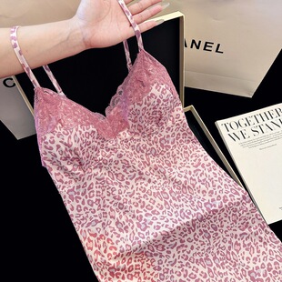 1320粉色豹纹性感吊带睡裙带胸垫牛奶丝家居服纯欲吊带睡衣女跨境