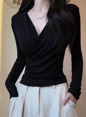1026秋冬长袖T恤女V领交叉上衣百搭修身显瘦显气质洋气时尚打底