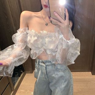 超仙别致独特纯欲风网纱拼接一字肩衬衫女春夏露肩泡泡袖衬衣上衣