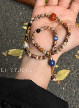 DH【风是自由的】废土风贡木大漆珠虎眼石925银转运双圈国风手串