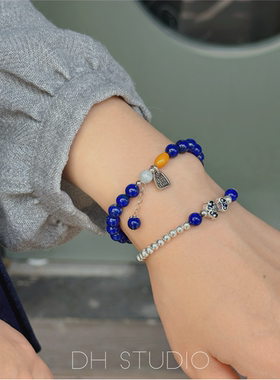 DH复古新中式银珠珠青金石叠戴精致手链925银生日礼物