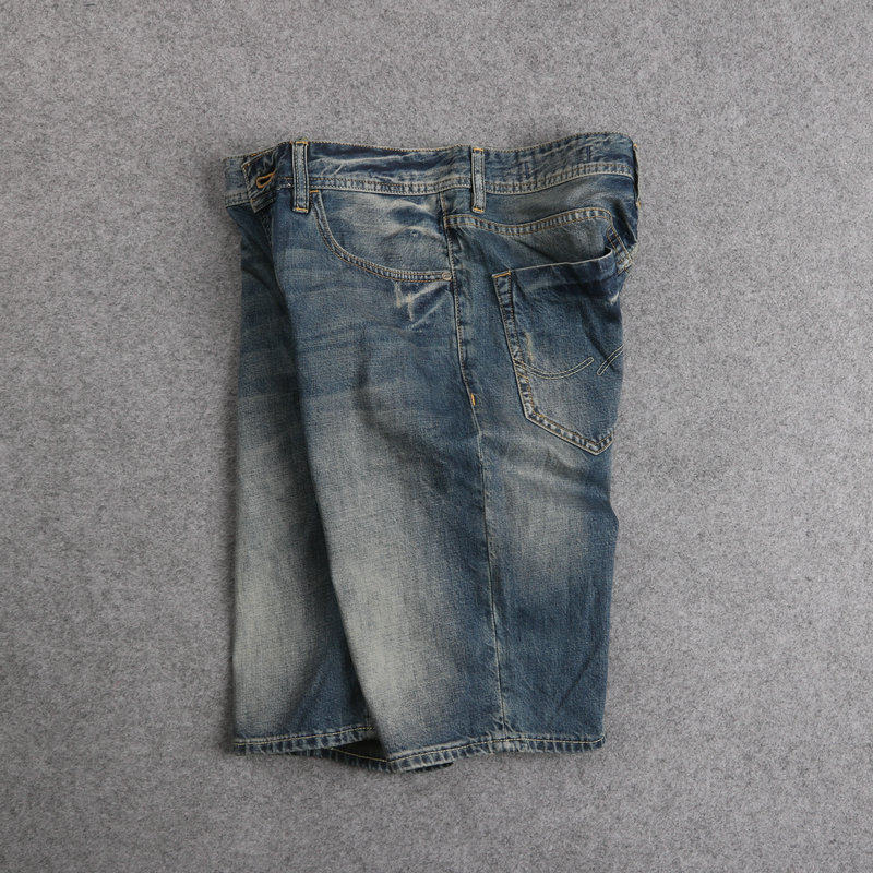 外贸男式夏季薄款纯棉做旧水洗牛仔中裤宽松直筒潮流五分裤男马裤