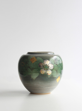 日本清水烧作家手工金银箔椿纹小罐陶花瓶日式插花器家居装饰摆件