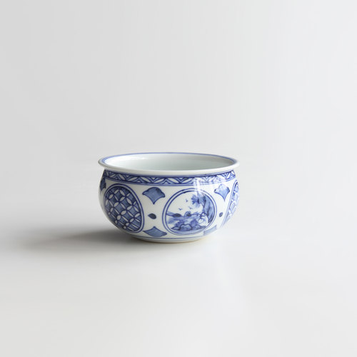 日本清水烧作家手工青花祥瑞团花纹瓷建水日式茶道渣斗废水用桶钵