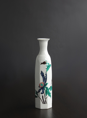 日本九谷烧名家手作彩绘草花纹八棱小口瓷花瓶日式插花器家居摆件