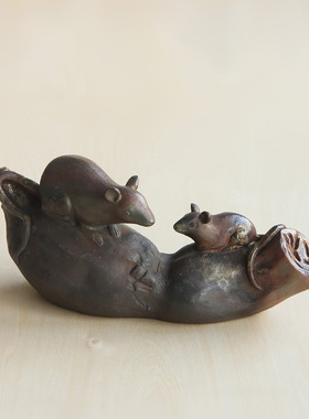 日本备前烧柴窑生肖属鼠粗陶摆件