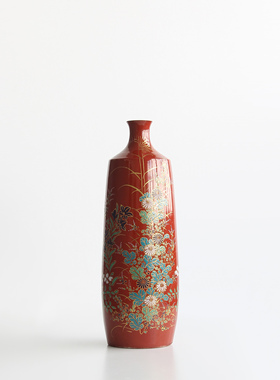 日本九谷烧名窑手工红彩描金草花纹瓷花瓶日式插花器家居装饰摆件