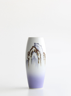 日本清水烧名家手工淡紫彩山峦纹瓷筒花瓶日式插花器家居装饰摆件