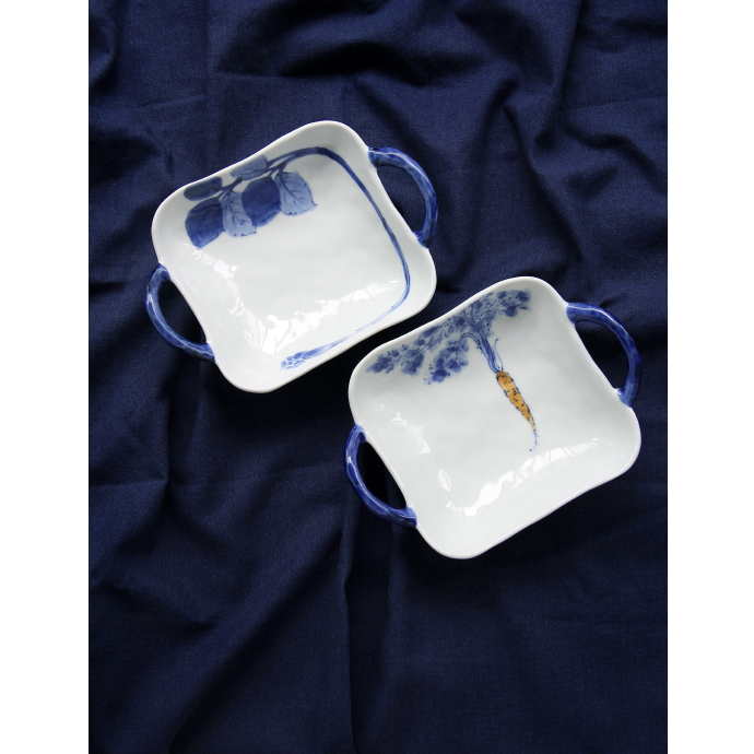 日本进口青花蔬菜图家用双耳小钵