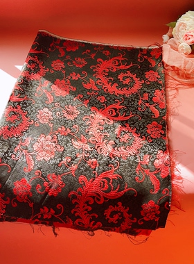 织锦缎布料一块 只卖9.99元 黑底凤穿牡丹花 DIY手工XF-73