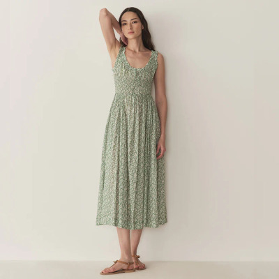 法式复古绿色碎花连衣裙女