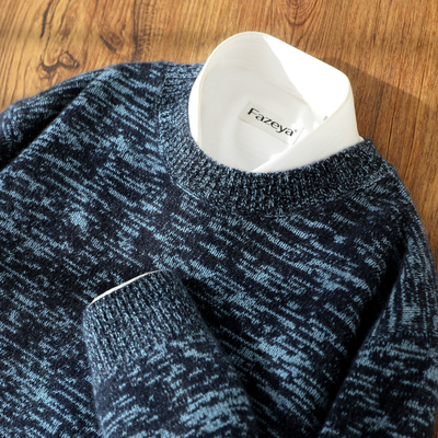 秋冬季新款100%山羊绒衫男拼色圆领加厚套头羊毛针织上衣打底衫