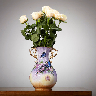 陶瓷花瓶紫色水罐储水花器高花瓶三色堇书房桌面卧室床头客厅家居