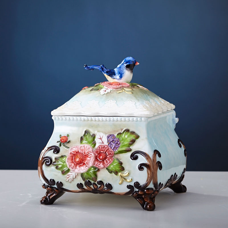 大号茶叶罐蓝凤桃花糖果罐欧式陶瓷罐子饼干罐点心罐密封储物罐