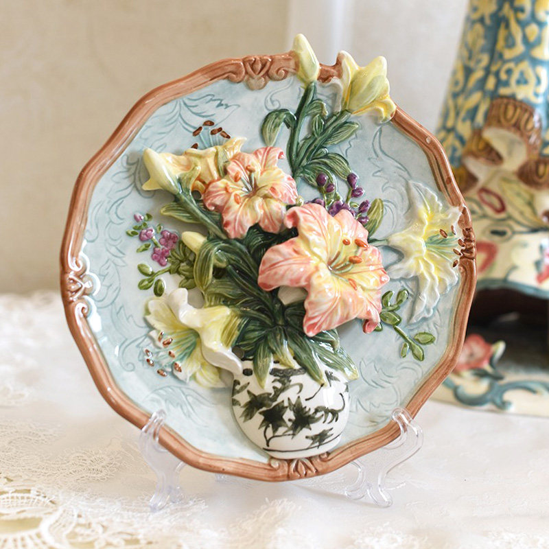 陶瓷直径21cm青花花瓶立体百合挂盘可作墙饰座盘装饰盘坐盘赠支架,家居饰品,装饰坐盘/挂盘,淘宝优惠券,粉丝福利购,淘宝优惠卷