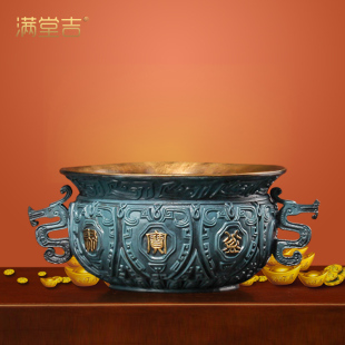 全铜招财龙耳聚宝盆摆件客厅居家玄关装 饰聚财乔迁新居铜盆工艺品