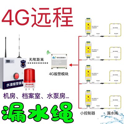 水浸报警器4G远程漏水感应绳档案室机房漏水水泵房防浸水检测线缆