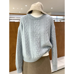 复古慵懒风圆领麻花针织衫秋冬暖和舒适浣熊绒毛衣温柔治愈上衣
