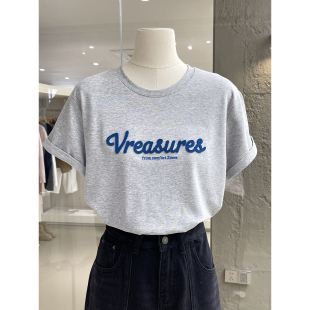 宽松休闲舒适百搭上衣 T恤春夏新款 韩版 简约风字母牙刷绣圆领短袖