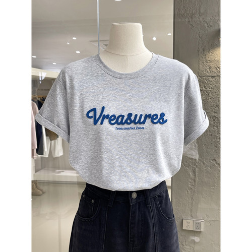 韩版简约风字母牙刷绣圆领短袖T