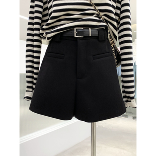简约阔腿A字毛呢短裤 秋季 西装 时髦百搭靴裤 穿搭配腰带 休闲裤 韩版