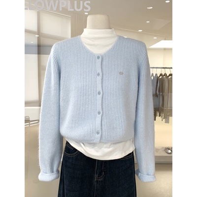 韩版温柔感简约纯色V领针织开衫